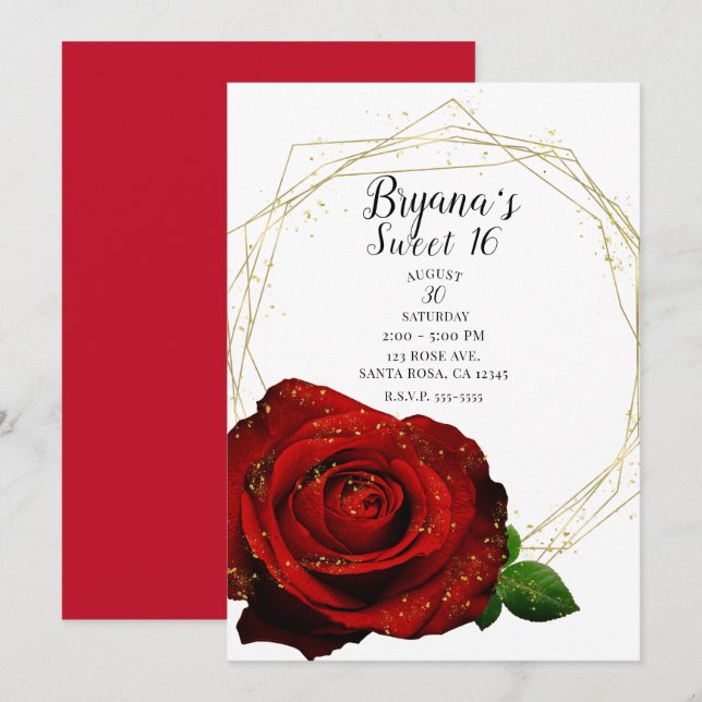 Invitation Rouge Rose or Géométrique Glam Sweet 16 Partie (Devant / Derrière)