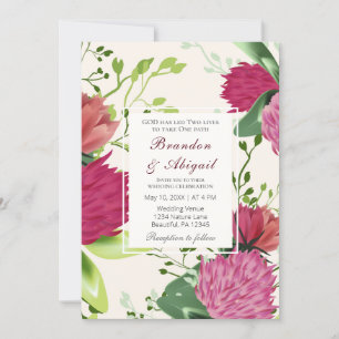 Invitation Rouge rose Vert Clover Floral Mariage chrétien