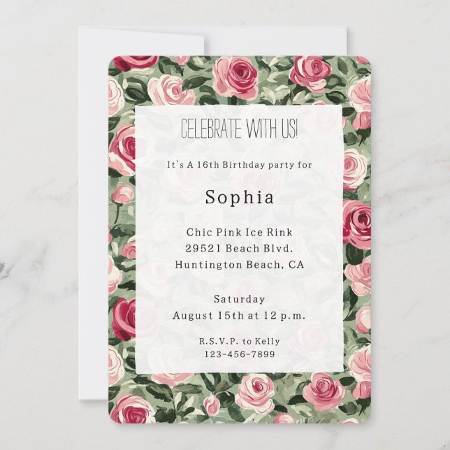 Invitation Rouge rose Vert Rose Floral Anniversaire (Devant)