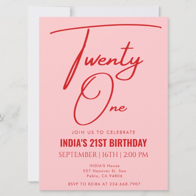Invitation Rouge rose Vingt et un 21e anniversaire (Devant)