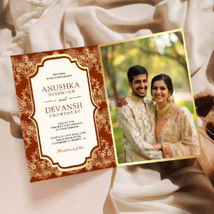 Invitation Rouge Rouille Or Dentelle Code QR Photo Mariage In