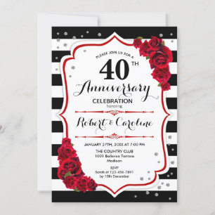 Invitation Rouge Rubis 40e Anniversaire - Rayures Noires et B