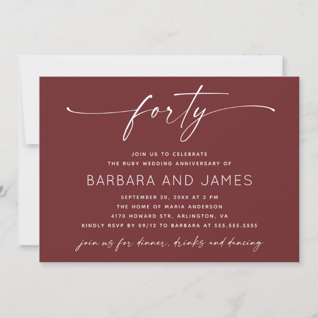 Invitation Rouge Rubis Vin Profond Mariage. Photo 40e Anniver (Devant)