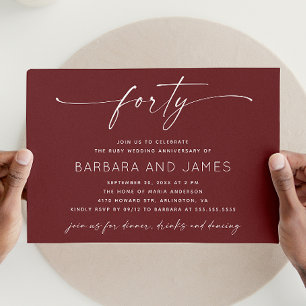 Invitation Rouge Rubis Vin Profond Mariage. Photo 40e Anniver