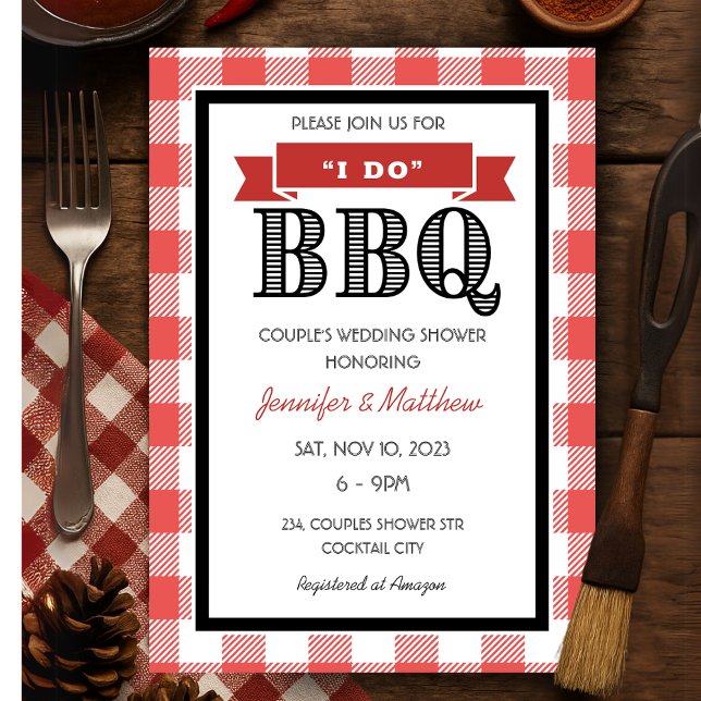 Invitation Rouge rustique à carreaux Je fais le BBQ Mariage C (Rustic Red Gingham I Do BBQ Wedding Couples Shower Invitation)