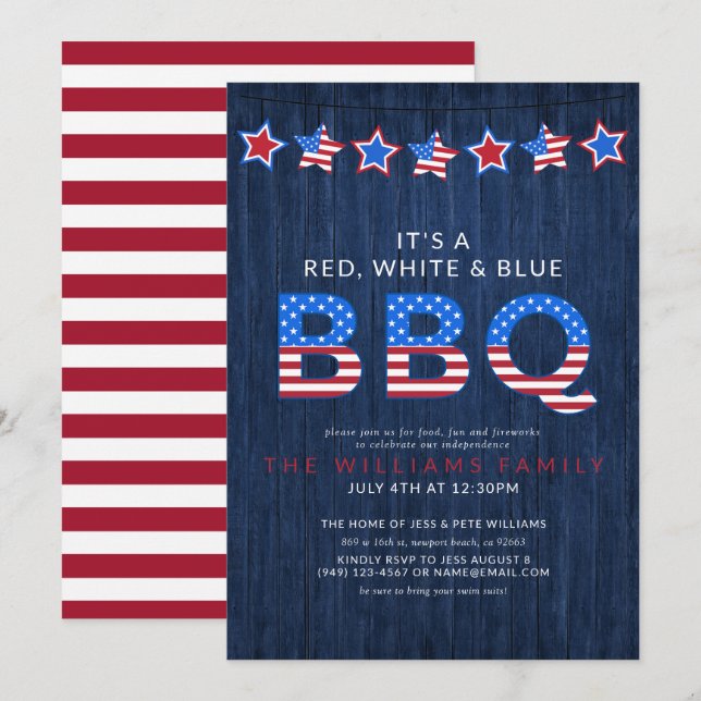 Invitation Rouge rustique Blanc & BBQ Bleu 4 juillet bois (Devant / Derrière)