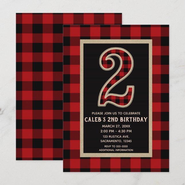 Invitation Rouge rustique Buffle noir Plaid 2e fête d'anniver (Devant / Derrière)