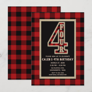 Invitation Rouge rustique Buffle Noir Plaid 4ème anniversaire