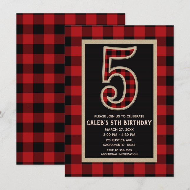 Invitation Rouge rustique Buffle Noir Plaid 5ème anniversaire (Devant / Derrière)