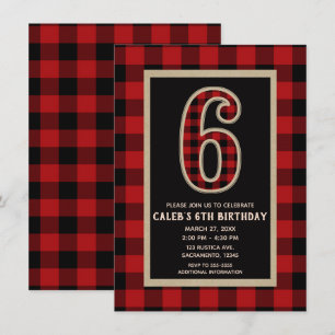 Invitation Rouge rustique Buffle Noir Plaid 6e fête d'anniver