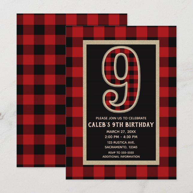 Invitation Rouge rustique Buffle Noir Plaid 9e fête d'anniver (Devant / Derrière)