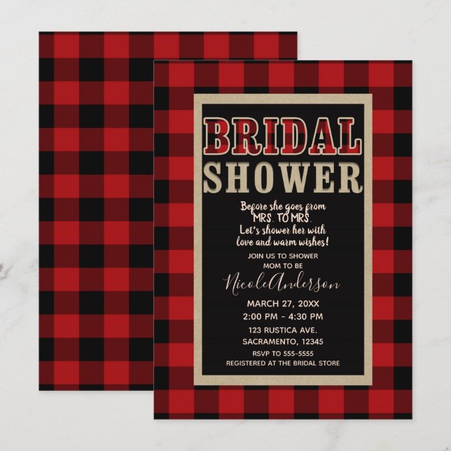 Invitation Rouge rustique Buffle noir Plaid Fête des mariées (Devant / Derrière)