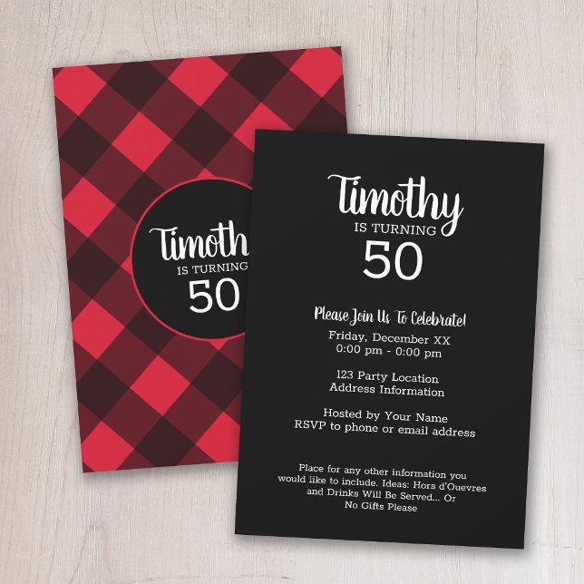 Invitation Rouge rustique et noir Buffalo plaqué fête d'anniv (Buffalo Plaid Birthday Party Invitation)