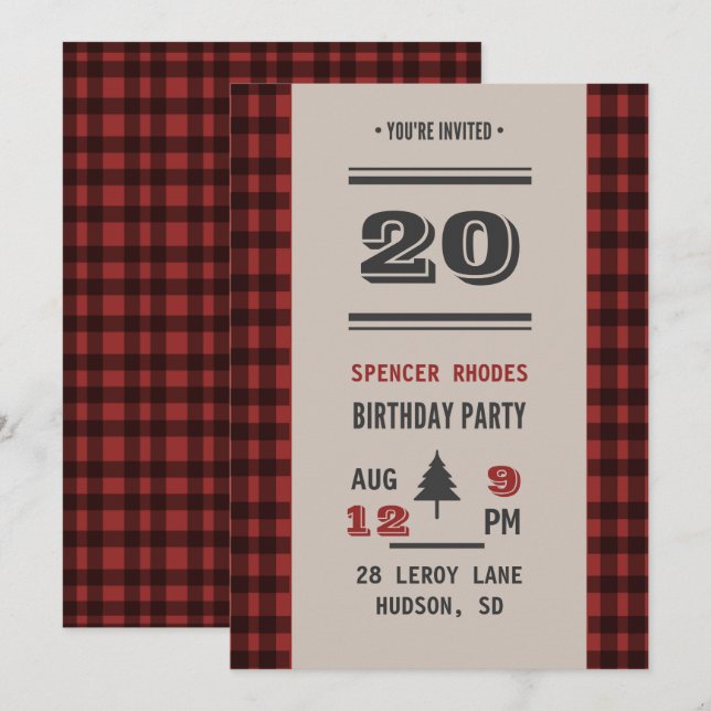 Invitation Rouge rustique et noir Buffalo plaqué fête d'anniv (Devant / Derrière)
