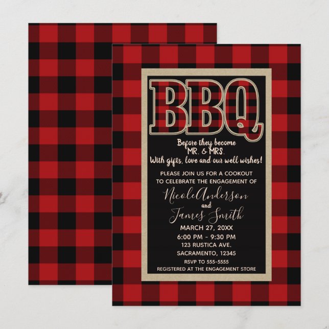 Invitation Rouge rustique Plaid BBQ Barbecue Buffalo noir (Devant / Derrière)