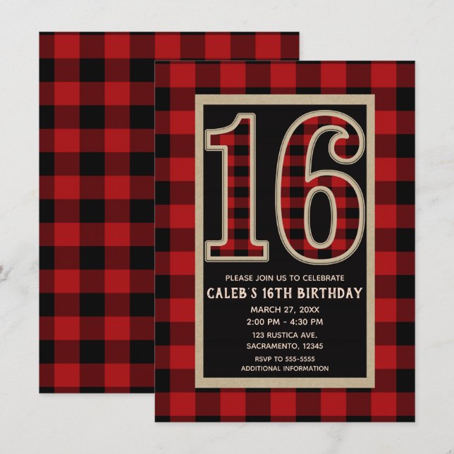 Invitation Rouge Rustique Plaid Buffalo Noir 16e 16 Anniversa (Devant / Derrière)