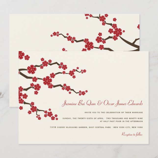 Invitation Rouge Sakura Cherry Blossoms Mariage asiatique mod (Devant / Derrière)