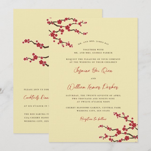 Invitation Rouge Sakura Cherry Blossoms Mariage asiatique mod (Devant / Derrière)