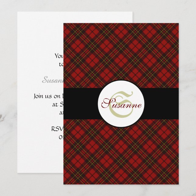 Invitation Rouge tartan Noël plaid hiver motif Monogramme (Devant / Derrière)