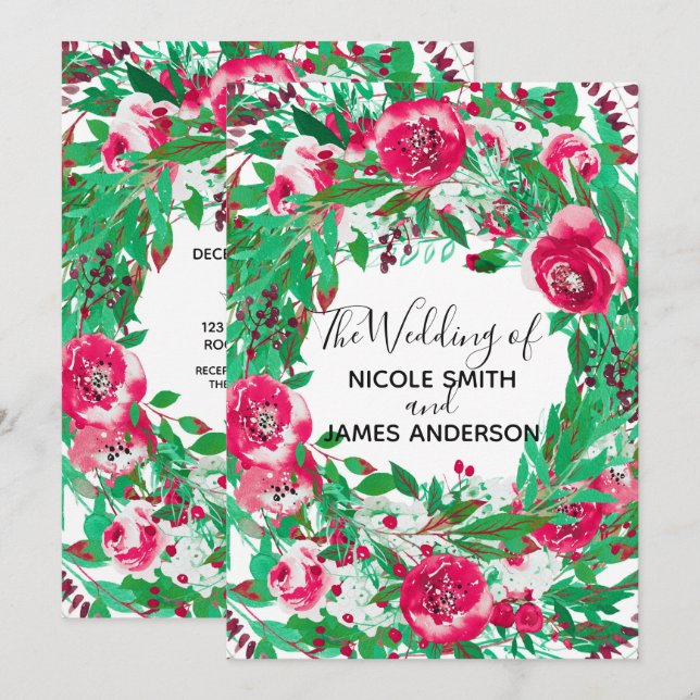 Invitation Rouge Vert Fête Noël Floral Fleurs Mariage (Devant / Derrière)