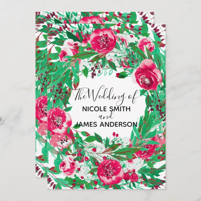 Invitation Rouge Vert Fleurs Florales Noël Mariage (Devant / Derrière)