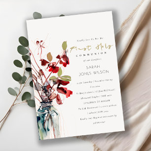 Invitation Rouge Vert Floral Vintage Encre Premier Communion