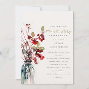 Invitation Rouge Vert Floral Vintage Encre Premier Communion 