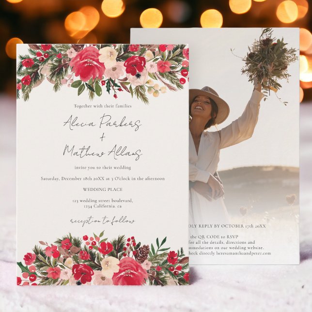 Invitation Rouge vert hiver Floral photo Qr code Mariage (Red green winter Floral photo Qr code Wedding Invitation)