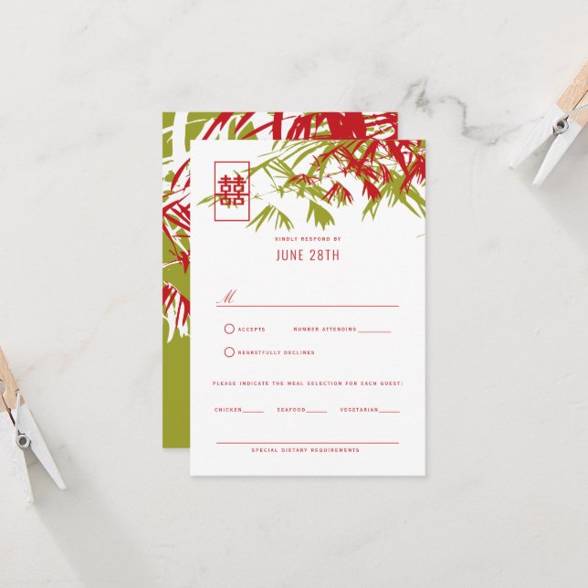 Invitation Rouge & Vert Zen Bambou Feuille Mariage chinois RS (Devant/Arrière en situation)