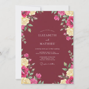 Invitation Rouge Vin Floral Élégant Mariage