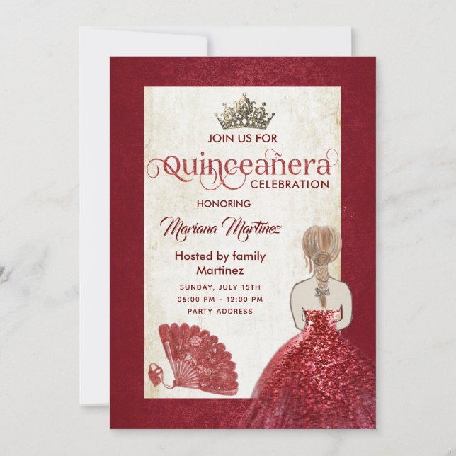 Invitation Rouge vintage ventilateur tiara Quince (Devant)