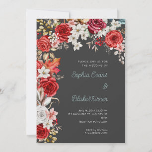 Invitation Rouges Romantiques et Roses Blanches sur Fond Gris