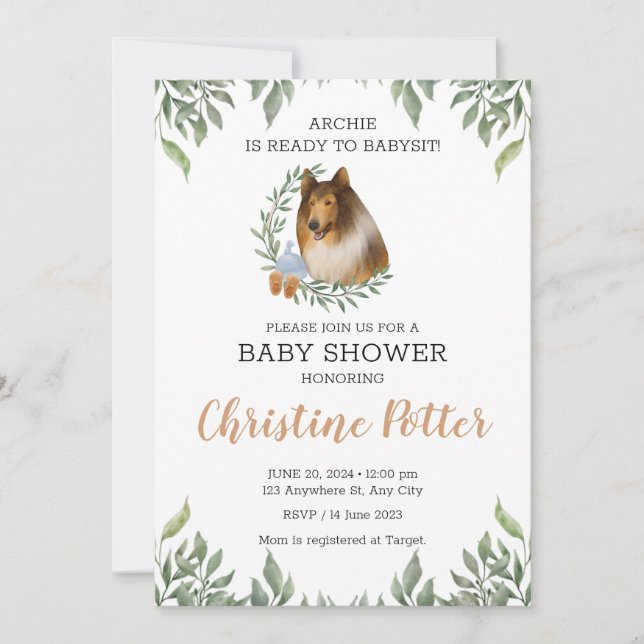 Invitation Rough Collie Chien Vert Boho Baby shower (Devant)