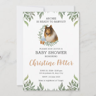 Invitation Rough Collie Chien Vert Boho Baby shower