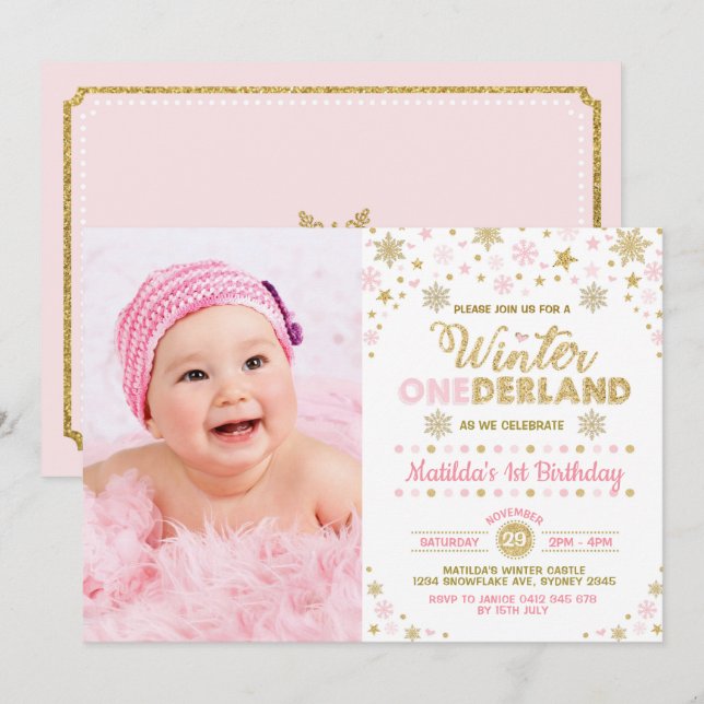 Invitation Rougissent anniversaire d'ONEderland d'hiver rose (Devant / Derrière)