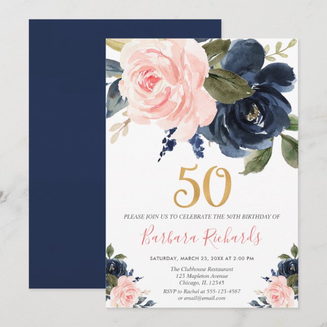 Invitation Rougissent anniversaire floral de rose et de bleu (Devant / Derrière)