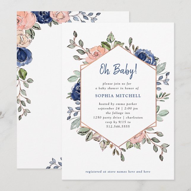 Invitation Rougissent et le baby shower géométrique floral (Devant / Derrière)