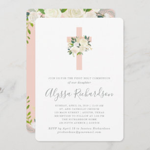 Invitation Rougissent la croix rose et sainte communion de