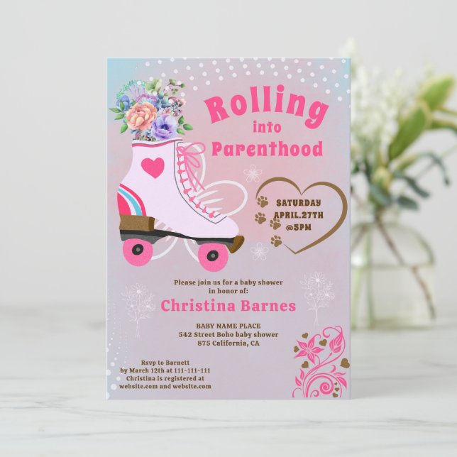 Invitation Roulage à rouleaux de teint floral rétro boho bébé (Debout devant)