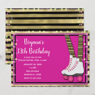 Invitation Rouleau noir et rose or Patinage fête d'anniversai