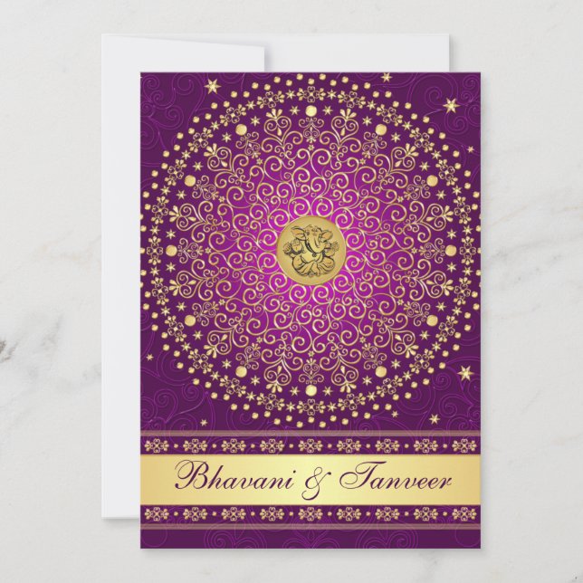 Invitation Rouleaux pourpres indous d'or de Ganesh épousant (Devant)