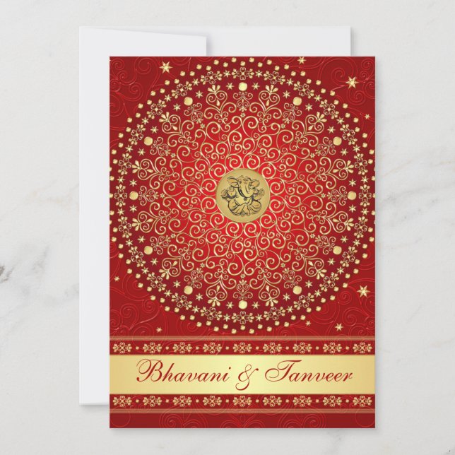 Invitation Rouleaux rouges indous d'or de Ganesh épousant (Devant)
