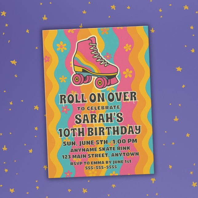 Invitation Roulement Roulage Coloré Fille de patinage d'anniv (Colorful Retro Roller Skating Girl Birthday Party Invitation
)