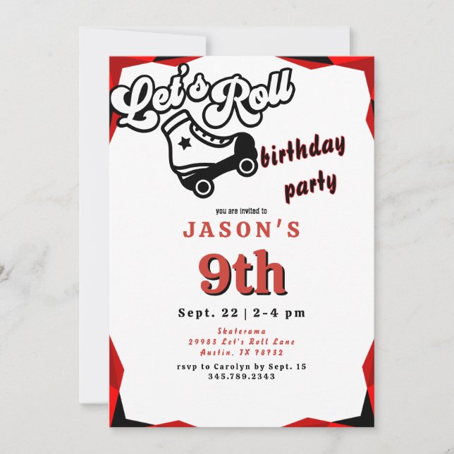 Invitation Roulons Red & Black Boy Patinage fête d'anniversai (Devant)