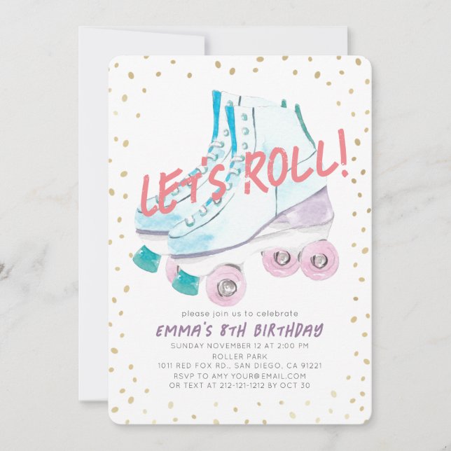 Invitation Roulons Roller Patinage Aquarelle Fille Anniversai (Devant)