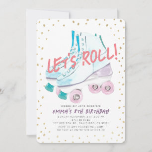 Invitation Roulons Roller Patinage Aquarelle Fille Anniversai
