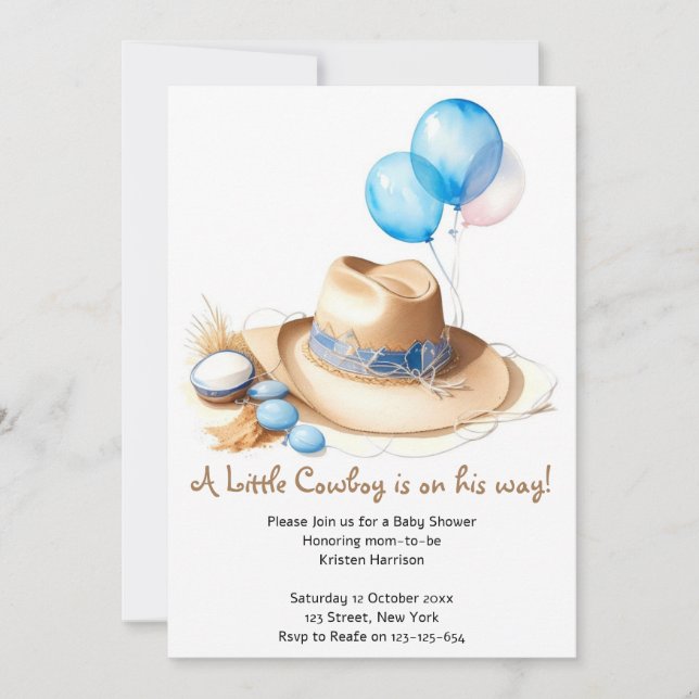 Invitation Round 'Em Up - Baby shower Aquarelle Cowboy (Devant)