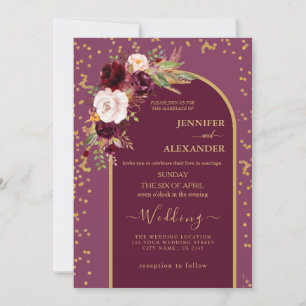 Invitation roux bordeaux Mariage moderne Gold frame