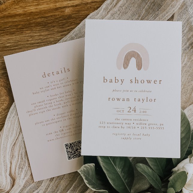 Invitation ROWAN mignonne Spring Girl QR Boho Baby shower arc (ROWAN Cute Spring Girl QR Boho Rainbow Baby Shower Invitation)
