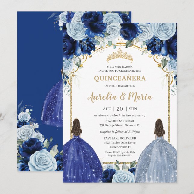 Invitation Royal Baby Blue Floral Girls Twins Quinceañera (Devant / Derrière)